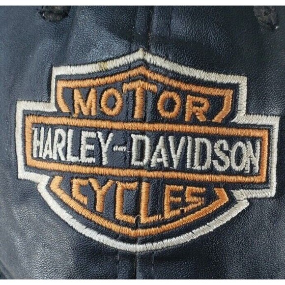 VINTAGE Black Leather Harley-Davidson Motor Cycles Patch Adjustable Hat Cap - Picture 2 of 11